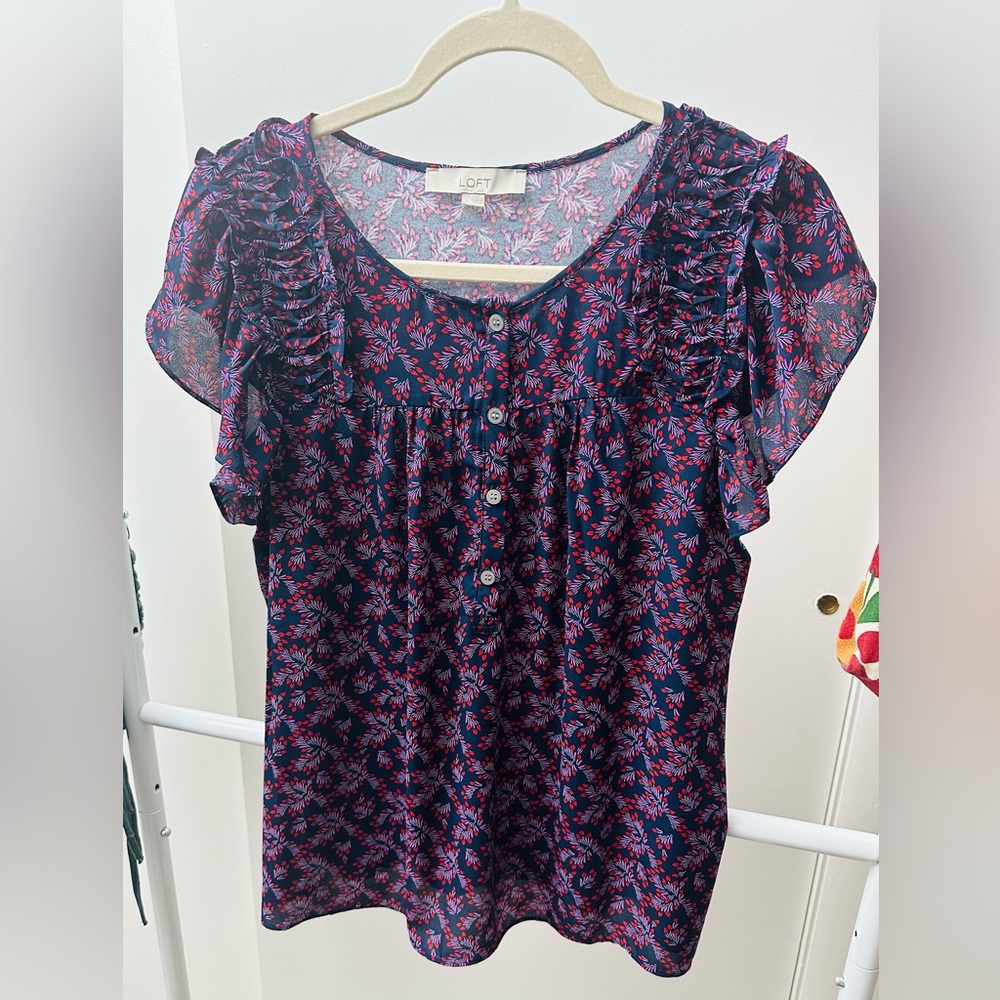 LOFT Navy and Pink Floral Blouse